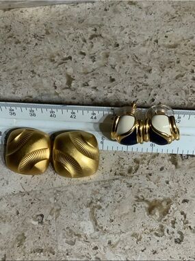 Gold-Tone Earrings Pair - Bold Textured and Navy Ivory Enamel